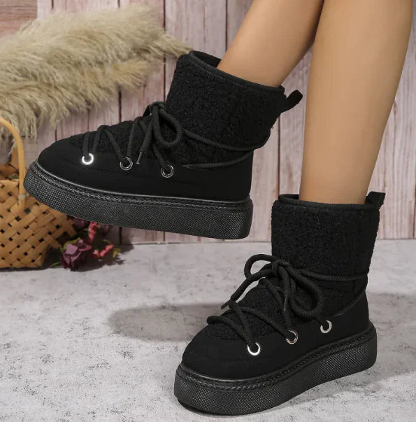 Fashion Lace-up Snow Boots Winter Flat Thick-soled Height-enhancing Cotton Shoes For Women Casual Warm Short Boot