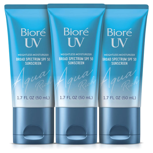 Biore UV Aqua Rich SPF 50 PA++++ Japanese Daily Moisturizer Sunscreen for Face, For Sensitive Skin, Oil Free, Hyaluronic Acid, Vegan, Oxybenzone & Octinoxate Free, Dermatologist Tested, 1.7 Oz/3pk 1.7 Fl Oz (Pack of 3) SPF50