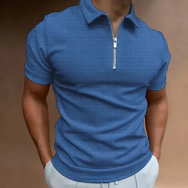 Summer New Men's Zipper Waffle Polo Shirt Short Sleeve Waffle