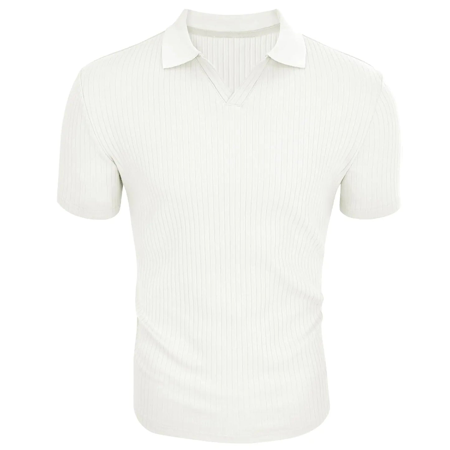 Men's Muscle V Neck Polo Shirts Slim Fit Short Long Sleeve Cotton Golf T-Shirts Ribbed Knit Soft Tees XX-Large White