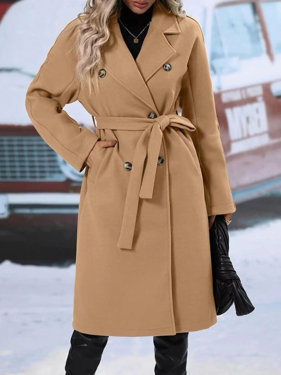 Double-Breasted Trench Coat with Polo Collar and Lace-Up Belt: Thickened Solid Color Design