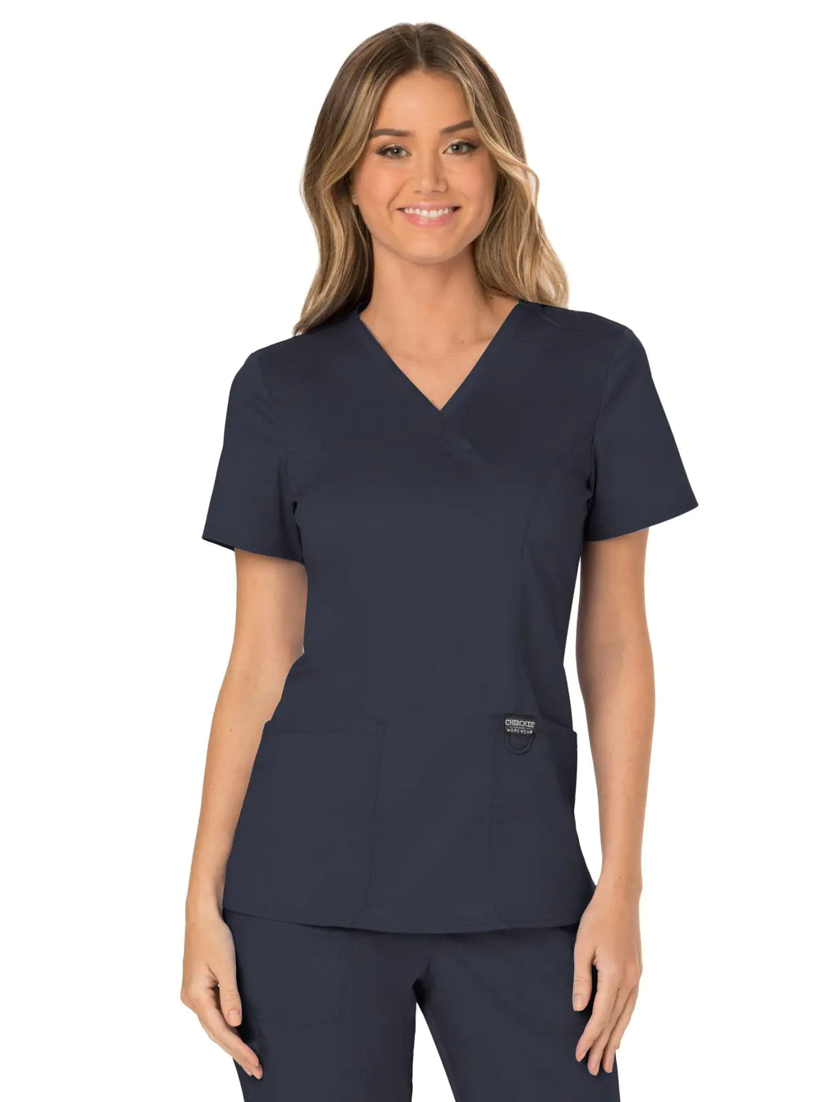 Cherokee Scrubs for Women Mock Wrap Top with 3 Pocket, Back Princess Seams WW610 X-Large Pewter