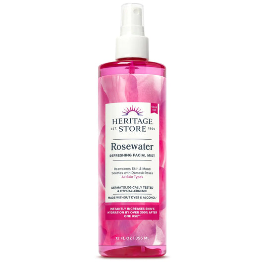 HERITAGE STORE Rosewater - Refreshing Facial Mist for Glowing Skin with Damask Rose, All Skin Types - Rose Water Spray for Face, Made Without Dyes or Alcohol, Hypoallergenic, Vegan, Cruelty Free, 12oz 12 Fl Oz (Pack of 1)