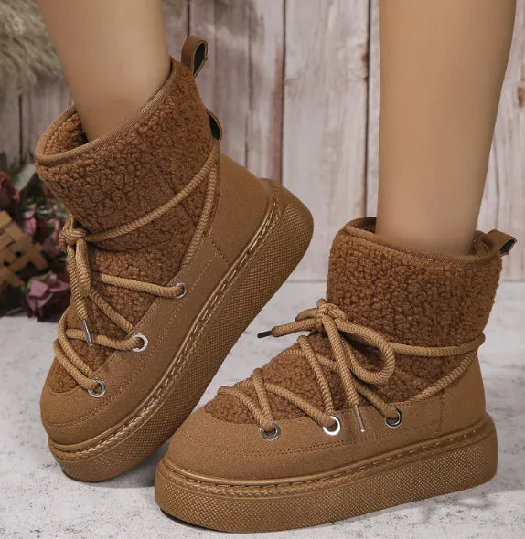 Fashion Lace-up Snow Boots Winter Flat Thick-soled Height-enhancing Cotton Shoes For Women Casual Warm Short Boot