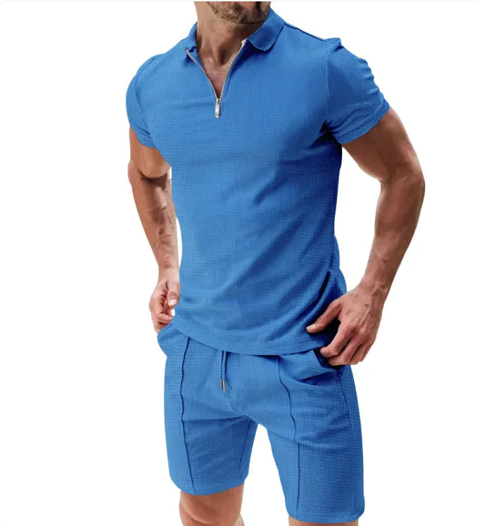 Men's 2-Piece Waffle Zip Polo & Drawstring Shorts Set