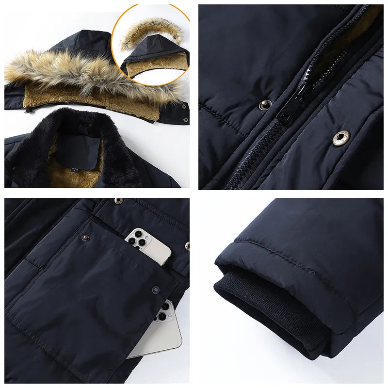 Windproof Fleece Thick Jacket Coat Men Fashion Hooded Fur Collar