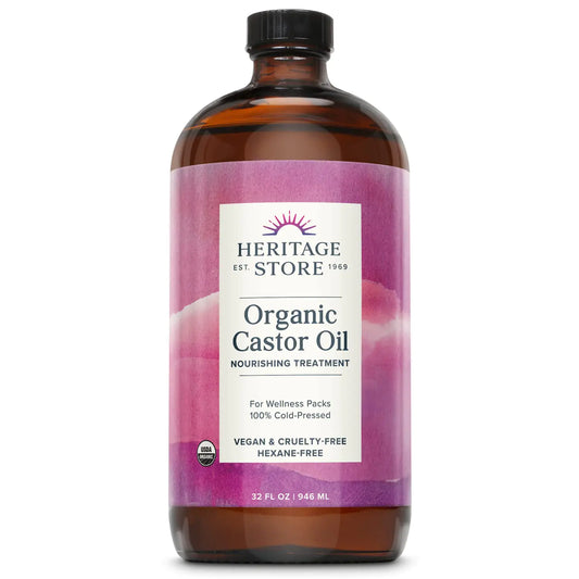 HERITAGE STORE Organic Castor Oil, Nourishing Hair Treatment, Deep Hydration for Healthy Hair/Skin Care, Eyelashes & Brows, Castor Oil Packs, Cold Pressed, Hexane Free, Vegan, Cruelty Free 32oz 32 Fl Oz (Pack of 1)