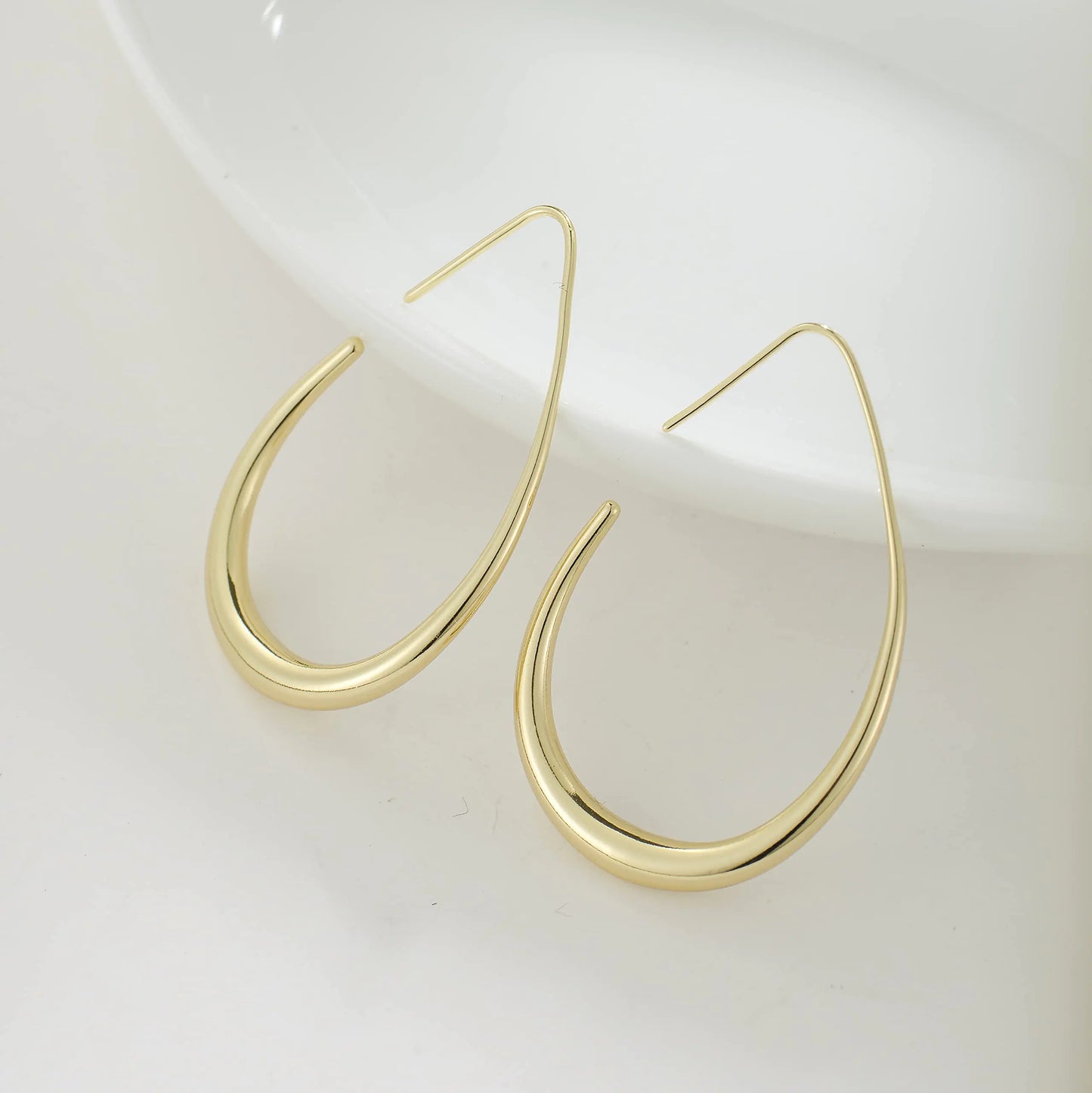 Lightweight Teardrop Hoop Earrings for Women - 14k Gold/White Gold Plated Large Oval Pull Through Hoop Earrings High Polished Statement Jewelry Gift for Women