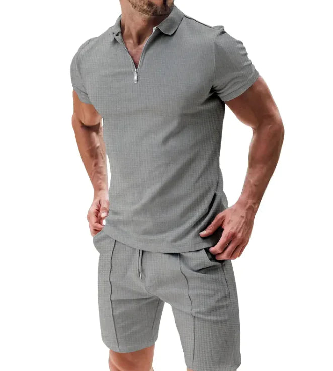 Men's 2-Piece Waffle Zip Polo & Drawstring Shorts Set