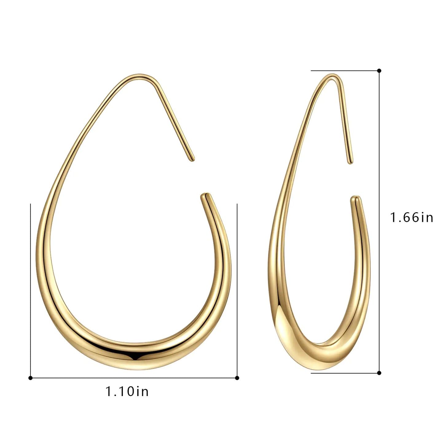 Lightweight Teardrop Hoop Earrings for Women - 14k Gold/White Gold Plated Large Oval Pull Through Hoop Earrings High Polished Statement Jewelry Gift for Women