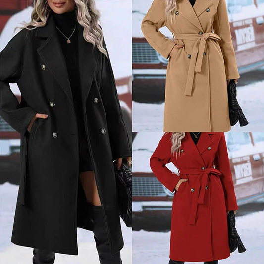 Double-Breasted Trench Coat with Polo Collar and Lace-Up Belt: Thickened Solid Color Design