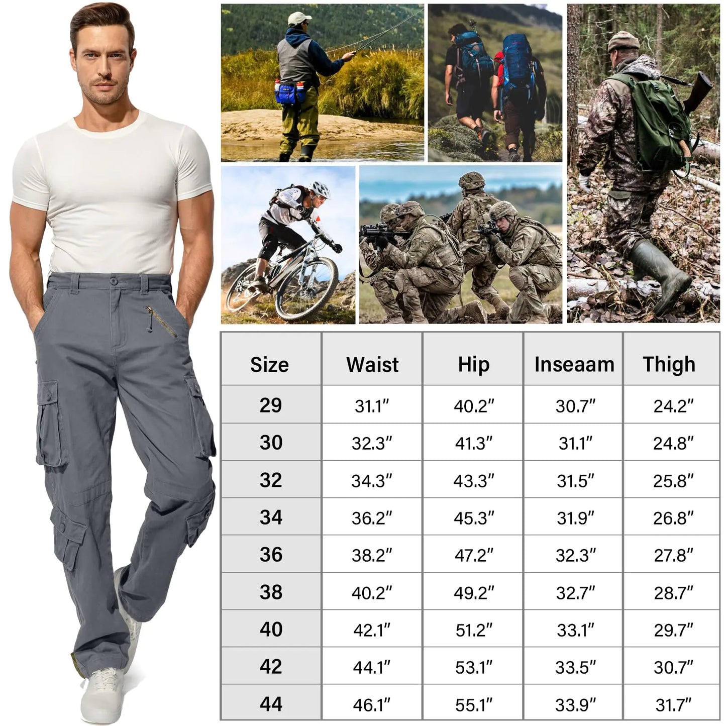 Men's BDU Casual Military Pants, Tactical Wild Army Combat ACU Rip Stop Camo Cargo Work Pants Trousers with 8 Pockets 44 Dark Grey