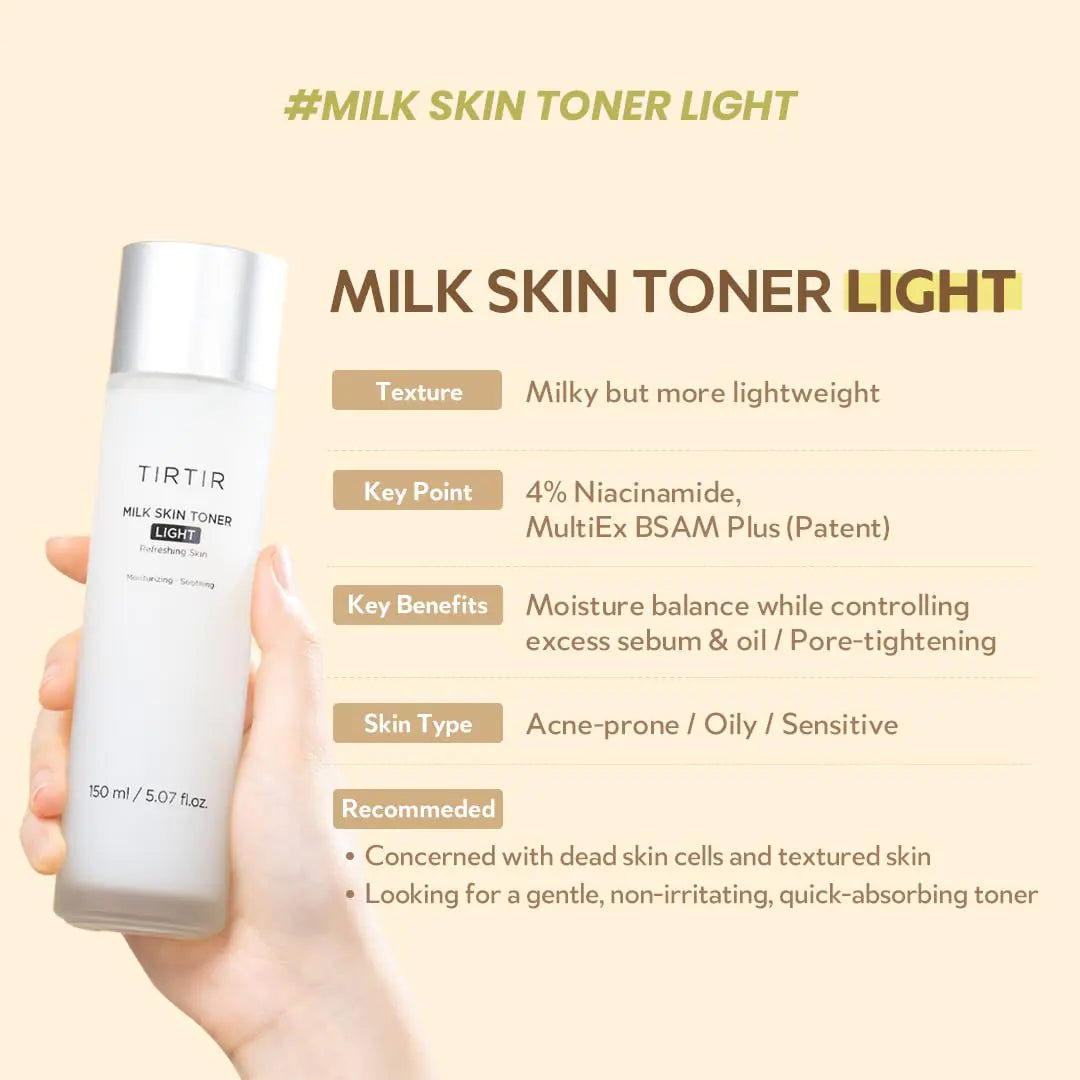 TIRTIR Milk Skin Toner Light | Instant Hydration with 4% Niacinamide, Pore-tightening, Vegan toner for Acne-prone, Sensitive & Oily skin, Fungal Acne Safe, Panthenol, Allantoin, Vitamin B, 0.67 Fl Oz 0.67 Fl Oz (Pack of 1)