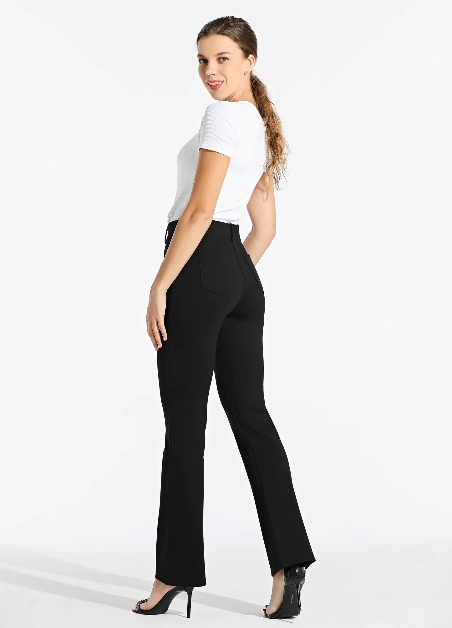 Women's Yoga Dress Pants Bootcut Work Slacks Stretch Office with Belt Loops 4 Pockets 28“/29"/30"/31"/33" Small Petite 29 Inches Black