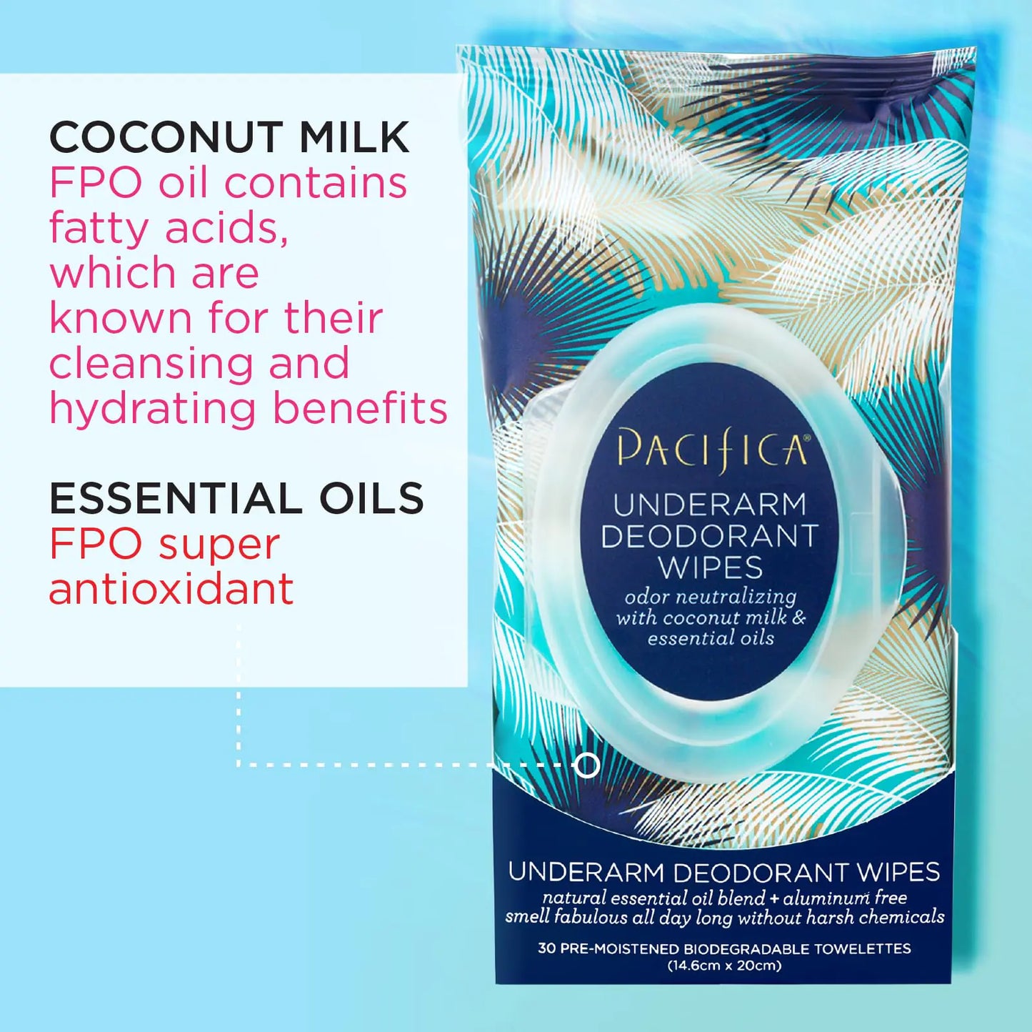 Pacifica Beauty, Coconut Milk & Essential Oils Underarm Deodorant Wipes, 30 Count, Remove Odor On-The-Go, Aluminum Free, Travel Friendly, Fresh Coconut Scent, Vegan and Cruelty Free Coconut Milk & Oil - Pack of 1